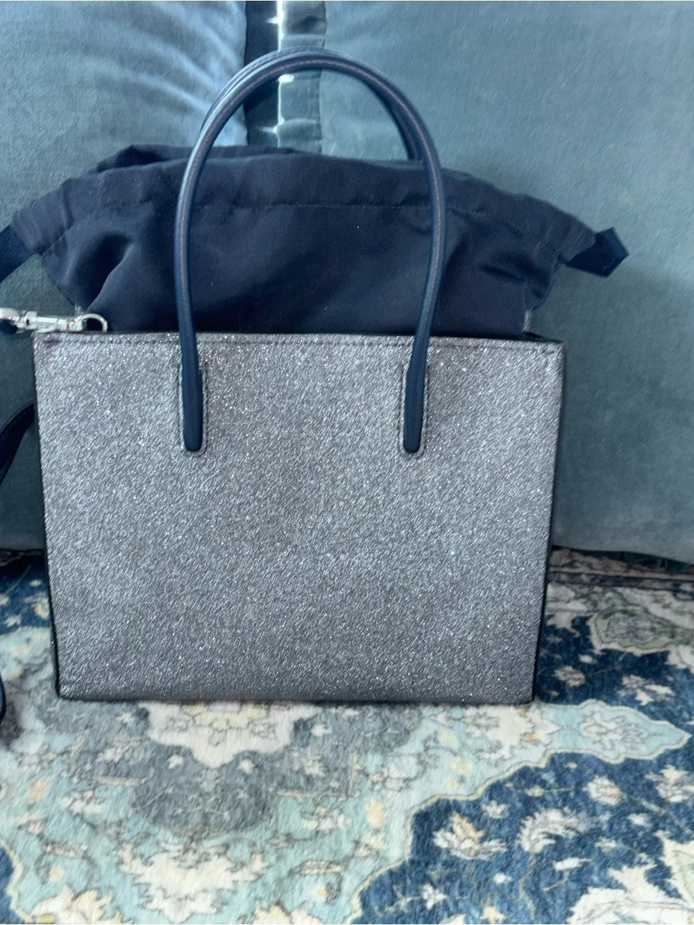 kate spade Metallic Navy Trista Glitter Shopper Structured crossbody tote